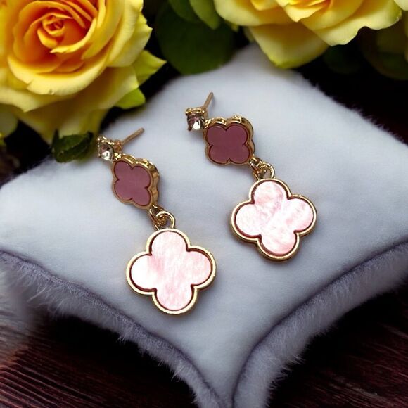 Designer Inspired Double Lavender Clover Gold Tone Dangle Earrings - Picture 2 of 5